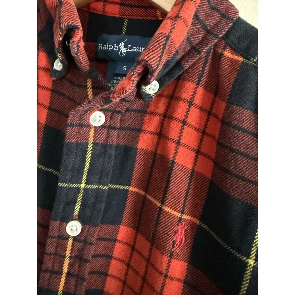 Boy's Ralph Lauren Red Tartan Holiday Plaid LS‎ Button Up Collared Shirt Size 5